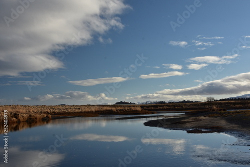 Reflection in the water clouds and mountains