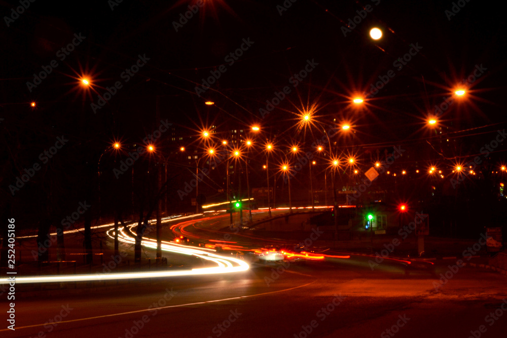 Night city lights, road, speed, long exposure