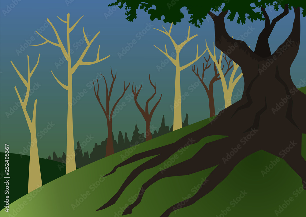 A forest landscape with a big and dark tree in the forefront. Vector illustration