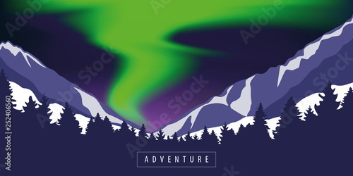 green polar lights adventure in snowy mountain vector illustration EPS10