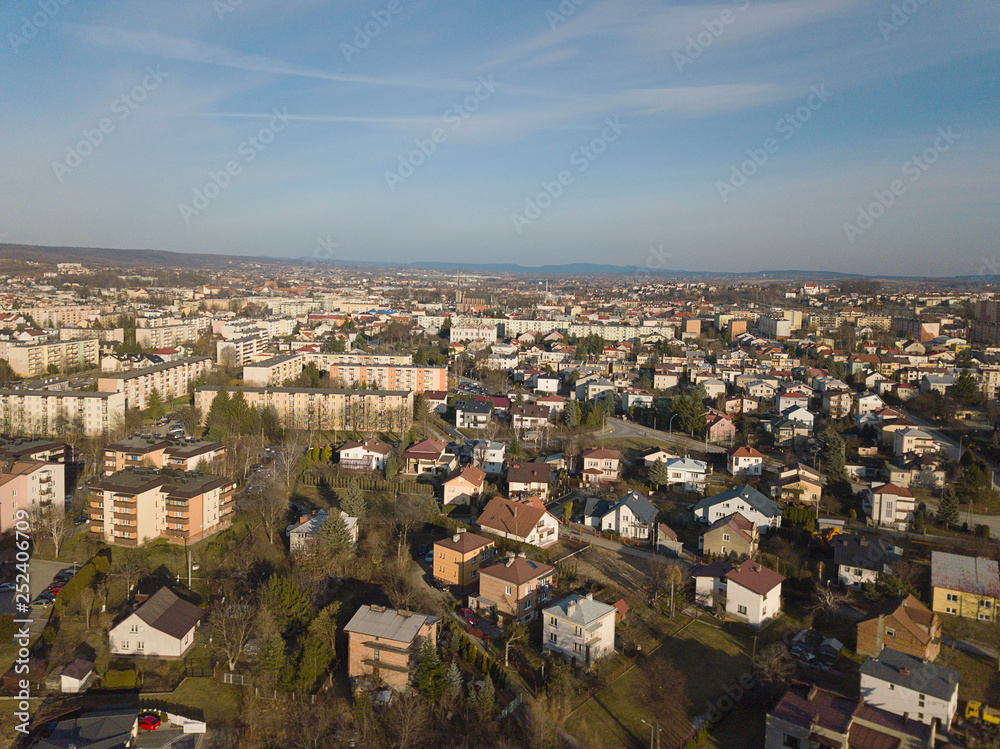 Jaslo, Poland - 1 3 2019: Photo of the modern part of a small town with a bird's eye view. Aerial photography by drone or quadrocopter. Planning and modernization of the spalny district of the city