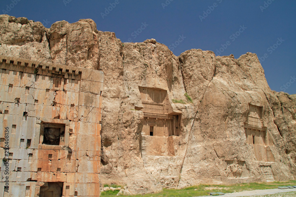The massive tombs of the Persian kings Darius and Xerxes near Persepolis, Iran