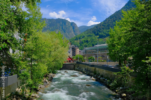 ANDORRA LA VELLA, ANDORRA. Valira river at city Andorra la Vella, Andorra. Gran Valira is biggest river flows through capital city located in the east Pyrenees