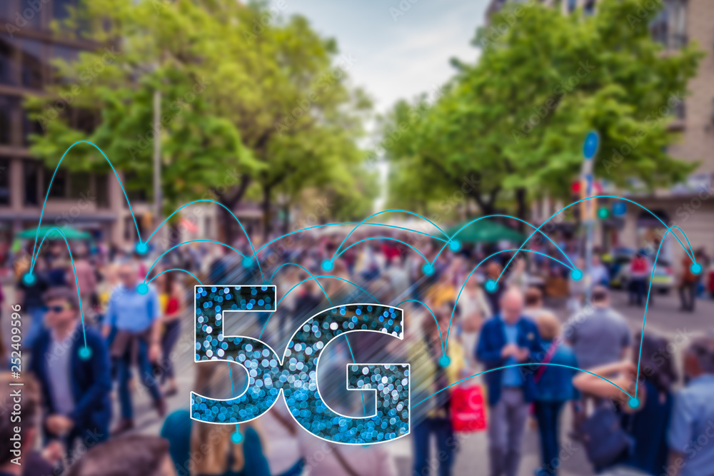 Internet Crowd Abstract image of blurred real crowd of people connected via 5G network ...