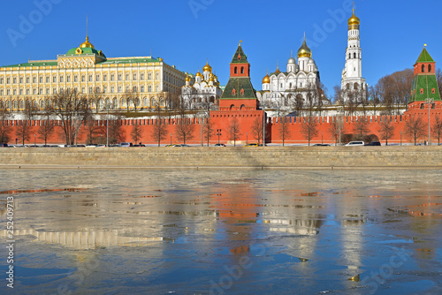 Anticipation of spring. Kremlin, Kremlin Embankment, Moscow river and reflection of ice