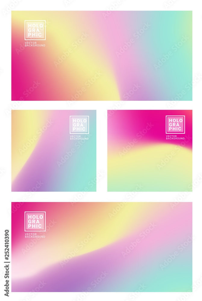 Holographic Vector Background SET. Glitch foil Hologram. Pastel rainbow. Ultraviolet metallic paper. Template for presentation. Cover to web design. Abstract colorful gradient. - Vector