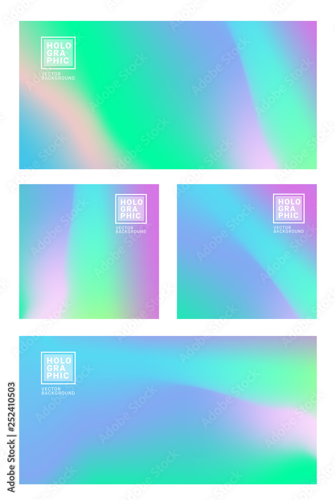 Holographic Vector Background SET. Glitch foil Hologram. Pastel neon rainbow. Ultraviolet metallic paper. Template for presentation. Cover to web design. Abstract colorful gradient. - Vector