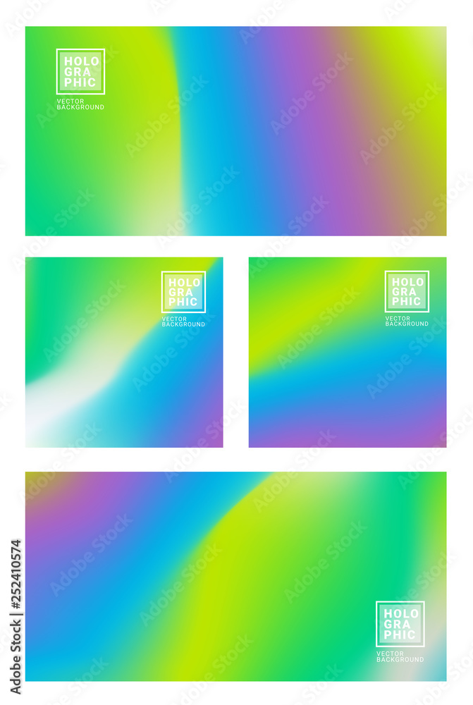 Holographic Vector Background SET. Glitch foil Hologram. Pastel neon rainbow. Ultraviolet metallic paper. Template for presentation. Cover to web design. Abstract colorful gradient. - Vector