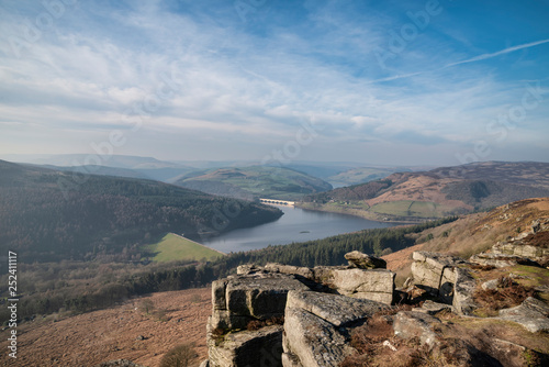 Stunning Winter landscape image of the Peak District in England viewed from Bamford Edge with Ladybower Reservoir under a beautiful blue sky
