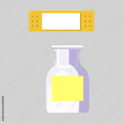 Adhesive bandage and medical bottle. Plaster, patch, flask. Medical aid concept. Vector illustration can be used for topics like wound, bleeding, emergency