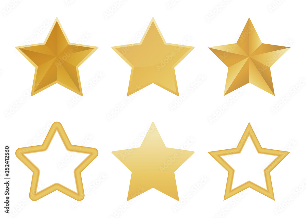 Vector set of realistic golden 3D star isolated on white background. Glossy Christmas stars icon. Vector illustration. Vector set of realistic golden 3D star isolated on white background. Glossy Christmas stars icon. Vector illustration.