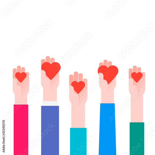 Charity concept. Donator holding heart in hands. Vector illustration flat design. Isolated on white background. Volunteer Poster. Human helping. Healthcare