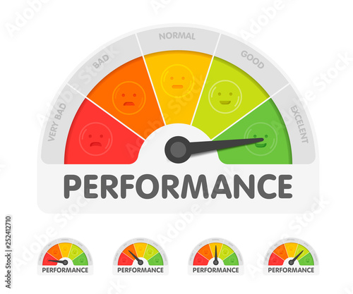Performance meter with different emotions. Measuring gauge indicator vector illustration. Black arrow in coloured chart background