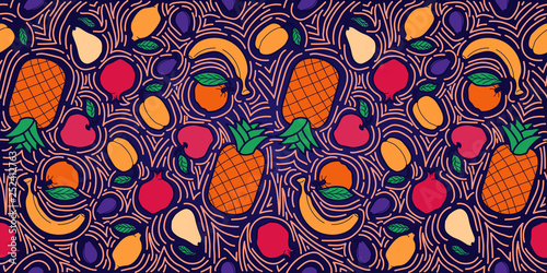 Pattern concept with different fruits. Vector hand-draw line illustration.