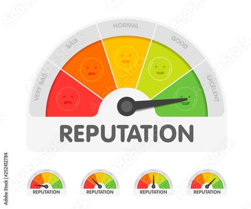 Reputation meter withdifferent emotions. Measuring gauge indicator vector illustration. Black arrow in coloured chart background photo