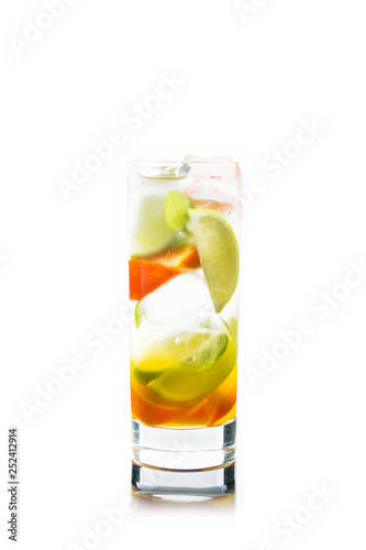 Mandarine mojito cocktail lime and mint isolated on white background. Selective focus. Shallow depth of field.