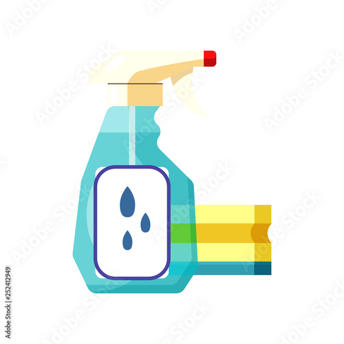 Glass cleanser and sponge. Plastic bottle, cleaning product, spray. Cleaning concept. Vector illustration can be used for topics like dish washing, chemicals, hygiene, disinfection