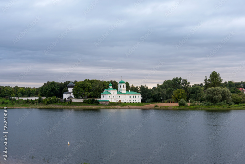 Picturesque view of Mirozhky Monastery in Pskov, Russia.
