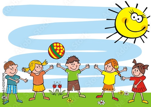 happy kids and ball on meadow, funny vector illustration