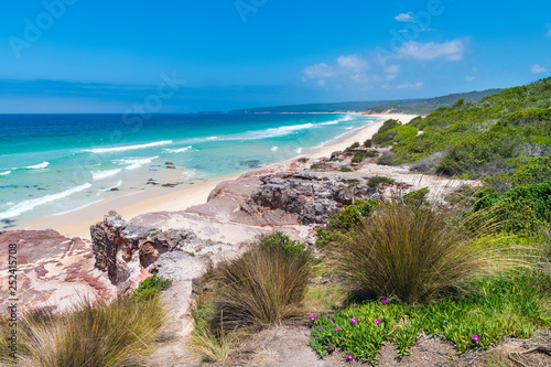 View over remote Quondolo Beach, located in Ben Boyd National Park, NSW, Australia, popular for surfing and rockpool exploring and subject to rips tides and big waves photo