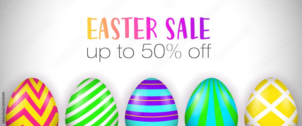 Easter Sale, up to fifty percent off lettering, decorated eggs. Easter offer advertising design. Typed text, calligraphy. For leaflets, brochures, invitations, posters or banners. Easter Sale, up to fifty percent off lettering, decorated eggs. Easter offer advertising design. Typed text, calligraphy. For leaflets, brochures, invitations, posters or banners.