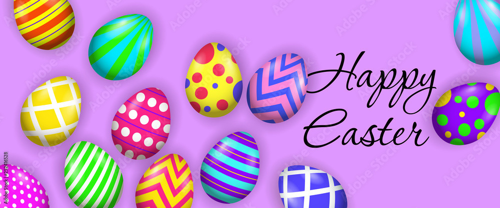Happy Easter lettering with bright painted eggs. Easter greeting card. Handwritten text, calligraphy. For leaflets, brochures, invitations, posters or banners.