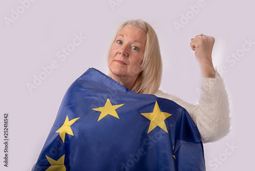 Woman wrapped in European flag 