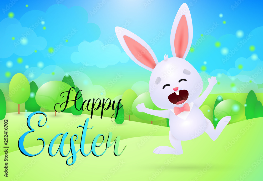 Obraz premium Happy Easter lettering with cute cheerful bunny. Easter greeting card. Handwritten and typed text, calligraphy. For leaflets, brochures, invitations, posters or banners.