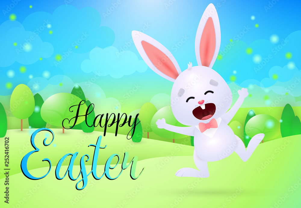 Happy Easter lettering with cute cheerful bunny. Easter greeting card. Handwritten and typed text, calligraphy. For leaflets, brochures, invitations, posters or banners.