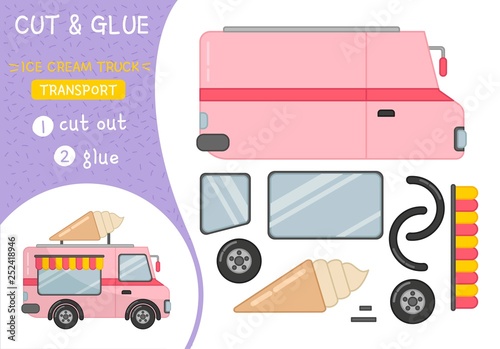 Education paper game for preshool children. Vector illustration of cartoon ice cream truck.