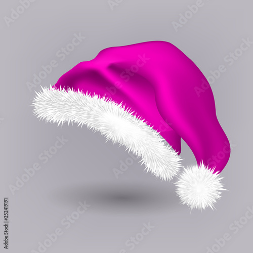 Pink Santa Hat Vector. Snow Clothing. Celebration Object. Seasonal Accessory. Santa Claus Holiday Pink And White Cap. Winter Christmas Design. Isolated Realistic Illustration