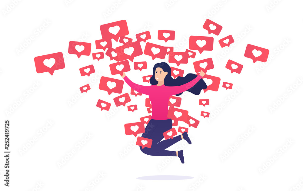 Girl rejoices and jumps from like notifications. Internet addiction to other users and their approval. Girl rejoices and jumps from like notifications. Internet addiction to other users and their approval.