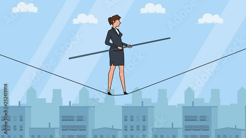 Flat cartoon businesswoman character walking a tightrope over city landscape circus stunt concept animation