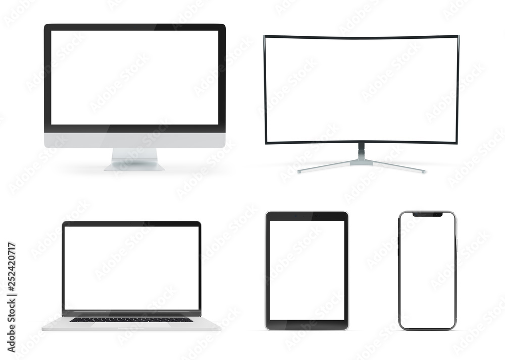 Pack of modern device mockup isolated on white 3d rendering Pack of modern device mockup isolated on white 3d rendering