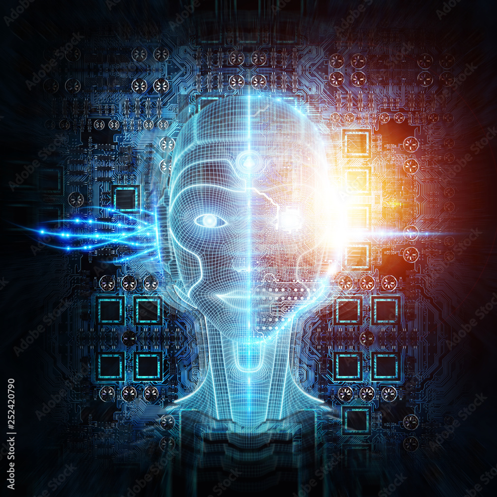 Obraz premium Robot cyborg head artificial intelligence learning 3D rendering