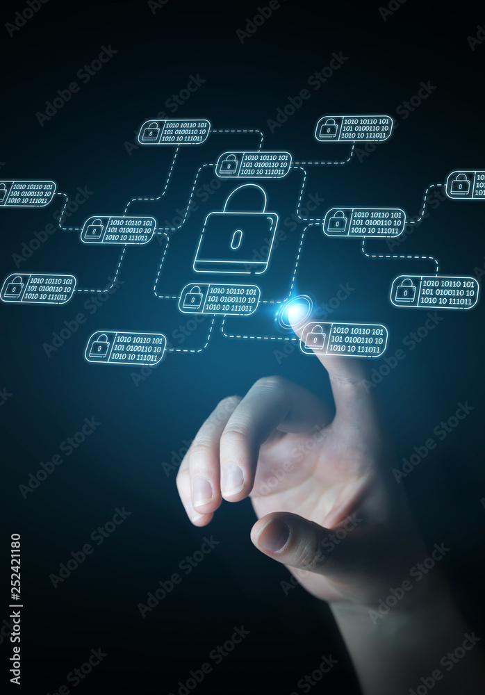 Businesswoman protecting her datas with thin line security interface Businesswoman protecting her datas with thin line security interface