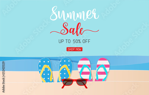 Summer sale text for discount promotion with beach accessories, Paper art style