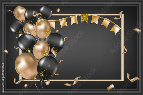 Golden and air balloons on the black background with space for text. Party decorations, confetti, sparkles,  lights,serpentine, flag garlands. Greeting card design celebrations. Vector illustration.