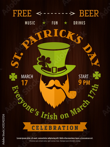 Saint Patricks day party hipster leprechaun  poster invitation template old wood background. Good for bar or pub event
