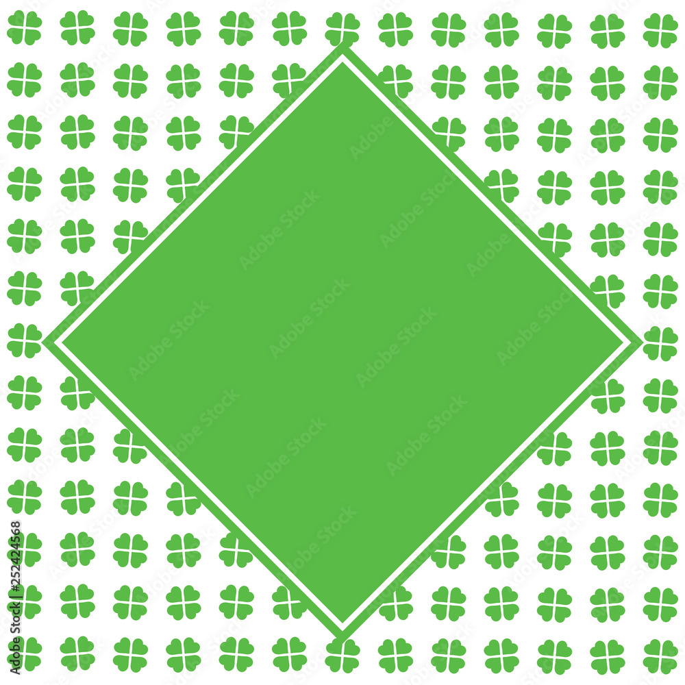Fototapeta premium Green seamless pattern with clovers, shamrock leaves for St. Patrick's Day. Holiday symbol with frame, border for text, for greeting cards, banner or invitation