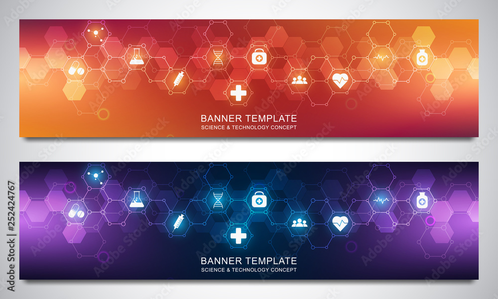 Banners design template for healthcare and medical decoration with flat icons and symbols. Science, medicine and innovation technology concept.