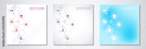 Square template brochure or cover with medical icons and symbols. Healthcare, science and innovation technology concept.