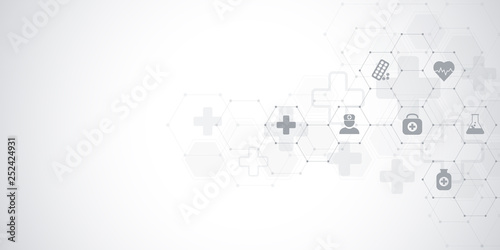 Healthcare and medical background with flat icons and symbols. Science, medicine and innovation technology concept.