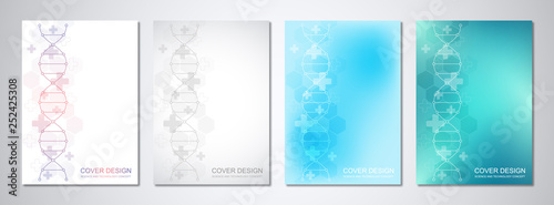 Vector template for cover or brochure, with molecules background and DNA strand. Medical or scientific and technological concept.