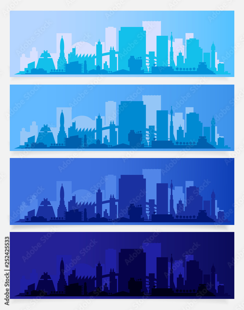 Vector horizontal city banners. Morning, afternoon evening and night