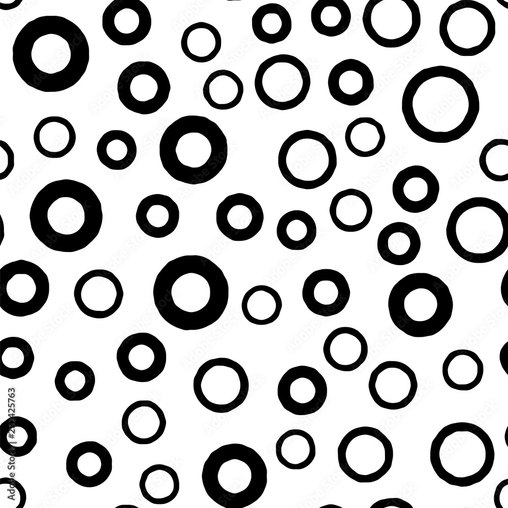Black circle seamless pattern with hand drawn thick and thin outline rings. Vector chaotic monochrome texture with round contour shapes isolated on white background
