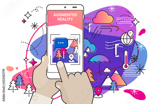 Augmented reality mobile app concept, for travelling navigation and outdoor activity, mobile geolocation and augmented reality content