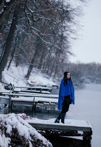 Woman standing on pier at winter forest