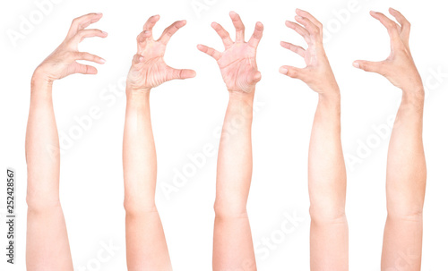 Multiple Male Caucasian hand gestures isolated over the white background, set of multiple images. ZOBIES HAND.