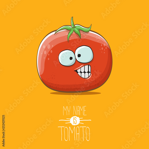 vector funny cartoon cute red tomato character isolated on orange background. My name is tomato. summer vegetable funky character